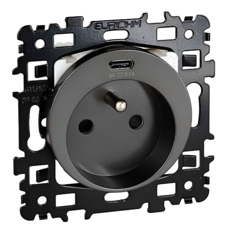 60355 EUR'OHM Square Prise de courant 2P+T + USB Canthracite