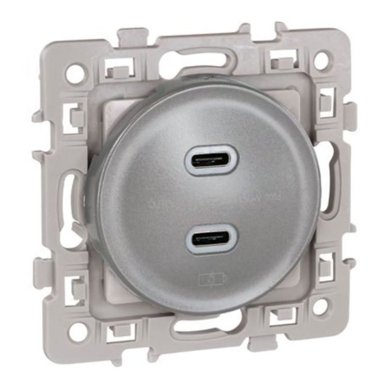 60435 EUR'OHM SQUARE Prise USB double 2000 mA silver type C