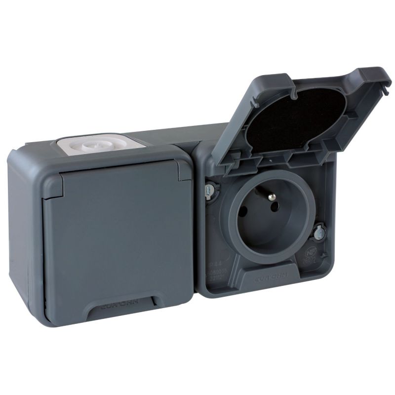 60841 EUR'OHM OXXO 	Double prise électrique étanche horizontale 2P+T gris IP55