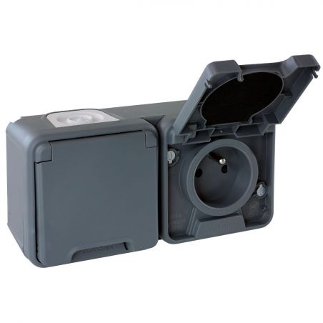 60841 EUR'OHM OXXO 	Double prise électrique étanche horizontale 2P+T gris IP55