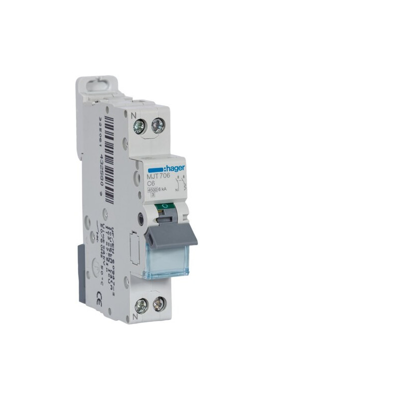MJT706 Disjoncteur Hager 6A - 1P+N - 4,5-6kA - courbe C - Bornes décalées à vis - MJT - 1 module