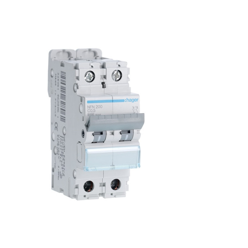 NFN200 Disjoncteur 0,5A Hager - 2P - 6-10kA - courbe C - Bornes alignées à vis - NFN - 2 modules