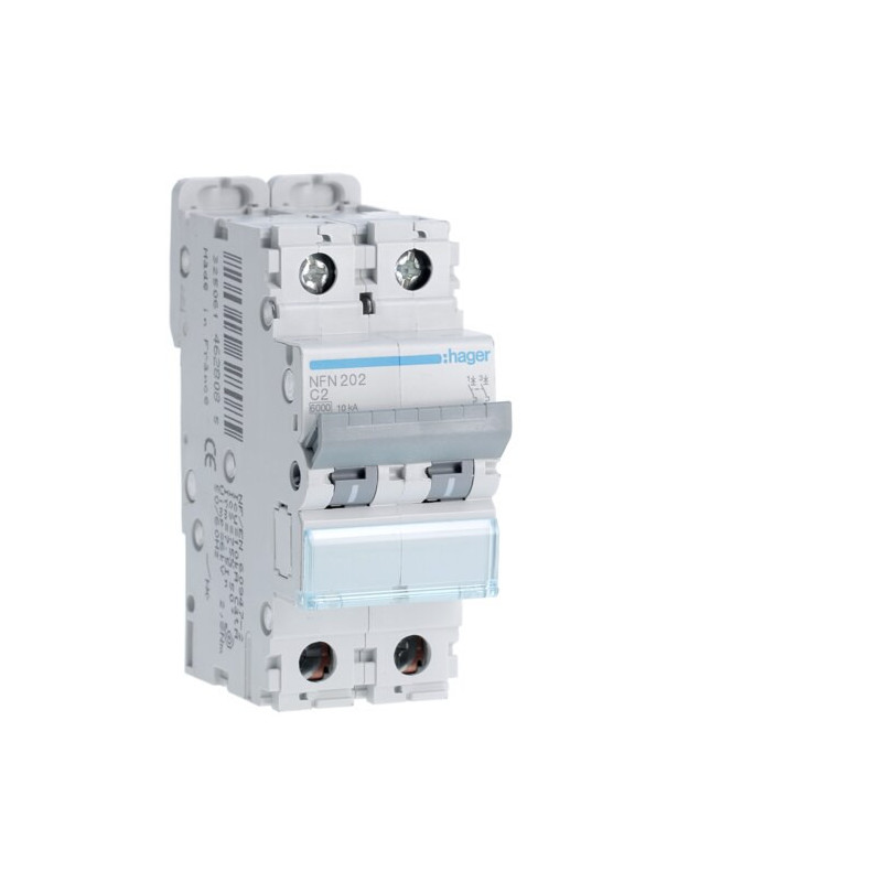 NFN202 Disjoncteur 2A Hager - 2P - 6-10kA - courbe C - Bornes alignées à vis - NFN - 2 modules