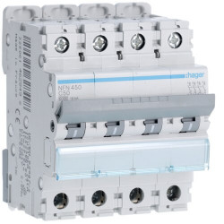 NFN450 Hager - Disjoncteur tétrapolaire 50A - 4P - 6-10kA - courbe C - NFN - Bornes alignées à vis