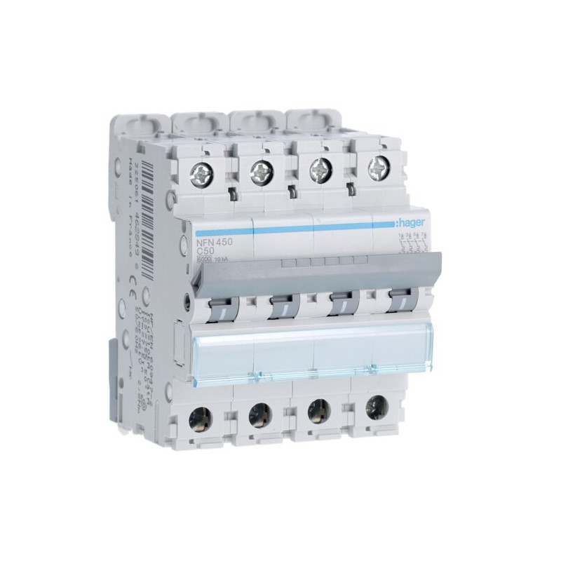 NFN450 Hager - Disjoncteur tétrapolaire 50A - 4P - 6-10kA - courbe C - NFN - Bornes alignées à vis