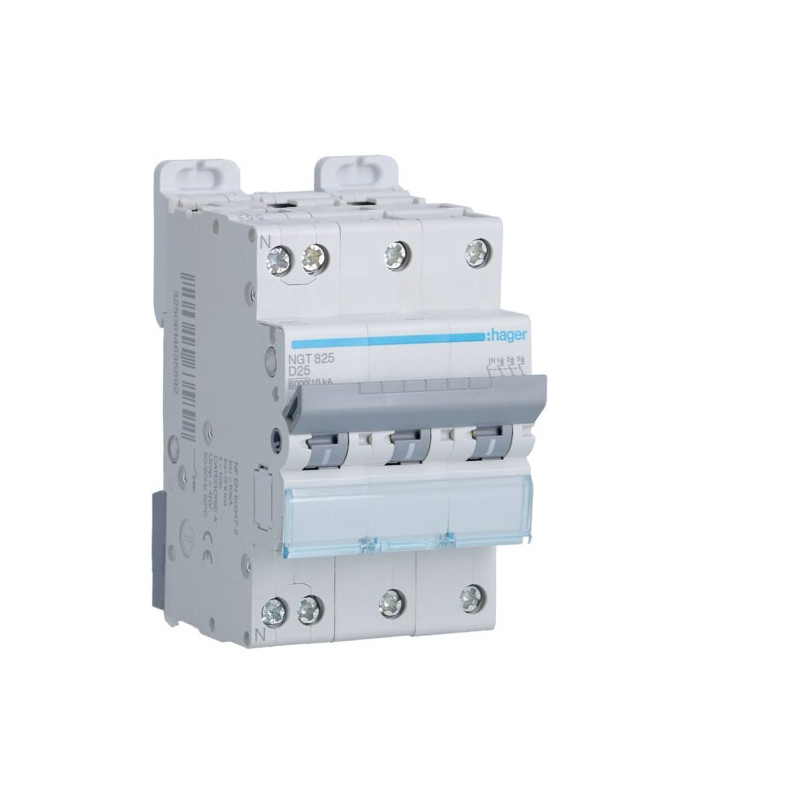 NGT825 Hager - Disjoncteur courbe D - 25A - 3P+N - 6-10kA - 3 modules - NGT - Bornes décalées à vis