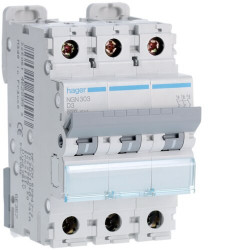 NGN303 Disjoncteur tripolaire Hager 3A - 6-10kA - courbe D - 3 modules - NGN - Bornes alignées à vis