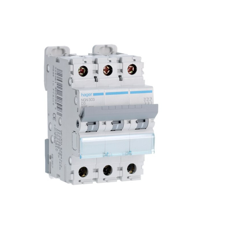 NGN303 Disjoncteur tripolaire Hager 3A - 6-10kA - courbe D - 3 modules - NGN - Bornes alignées à vis