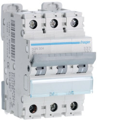 NGN304 Disjoncteur tripolaire Hager 4A - 6-10kA - courbe D - 3 modules - NGN - Bornes alignées à vis