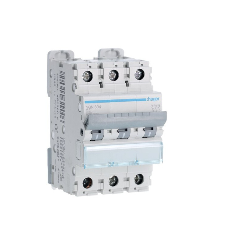 NGN304 Disjoncteur tripolaire Hager 4A - 6-10kA - courbe D - 3 modules - NGN - Bornes alignées à vis