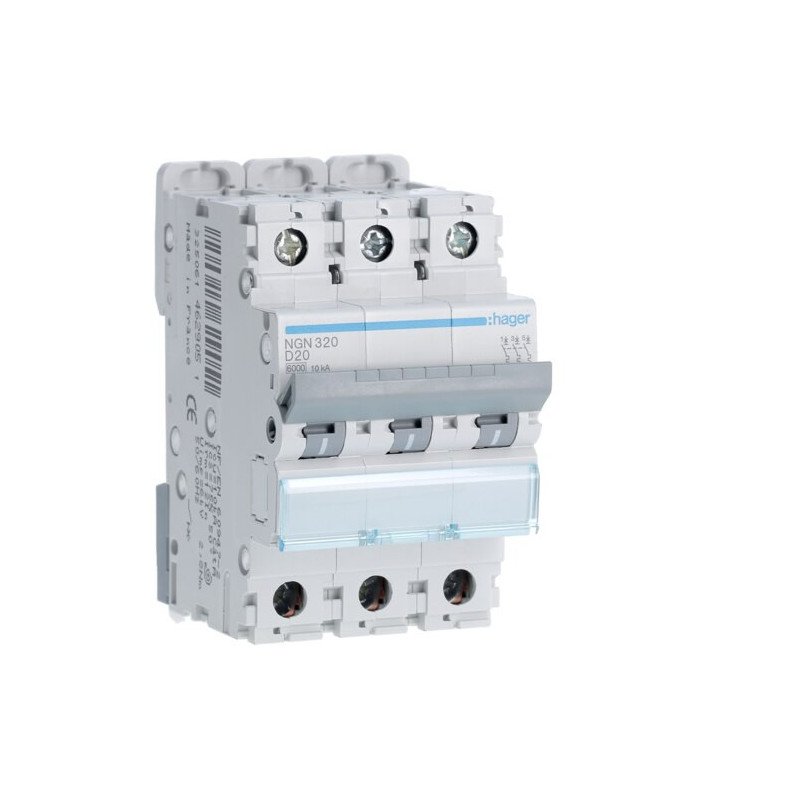 NGN320 Disjoncteur tripolaire Hager 20A - 6-10kA - courbe D - 3 modules - NGN - Bornes alignées à vis