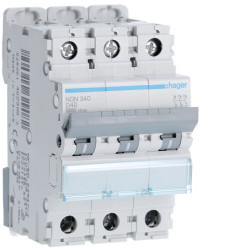 NGN340 Disjoncteur tripolaire Hager 40A - 6-10kA - courbe D - 3 modules - NGN - Bornes alignées à vis