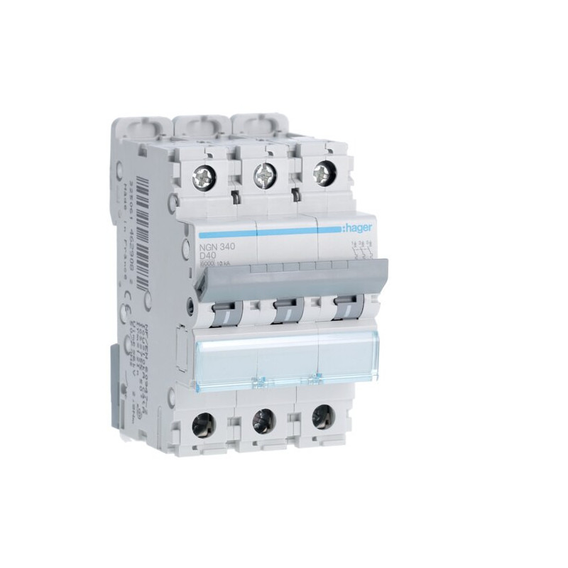 NGN340 Disjoncteur tripolaire Hager 40A - 6-10kA - courbe D - 3 modules - NGN - Bornes alignées à vis