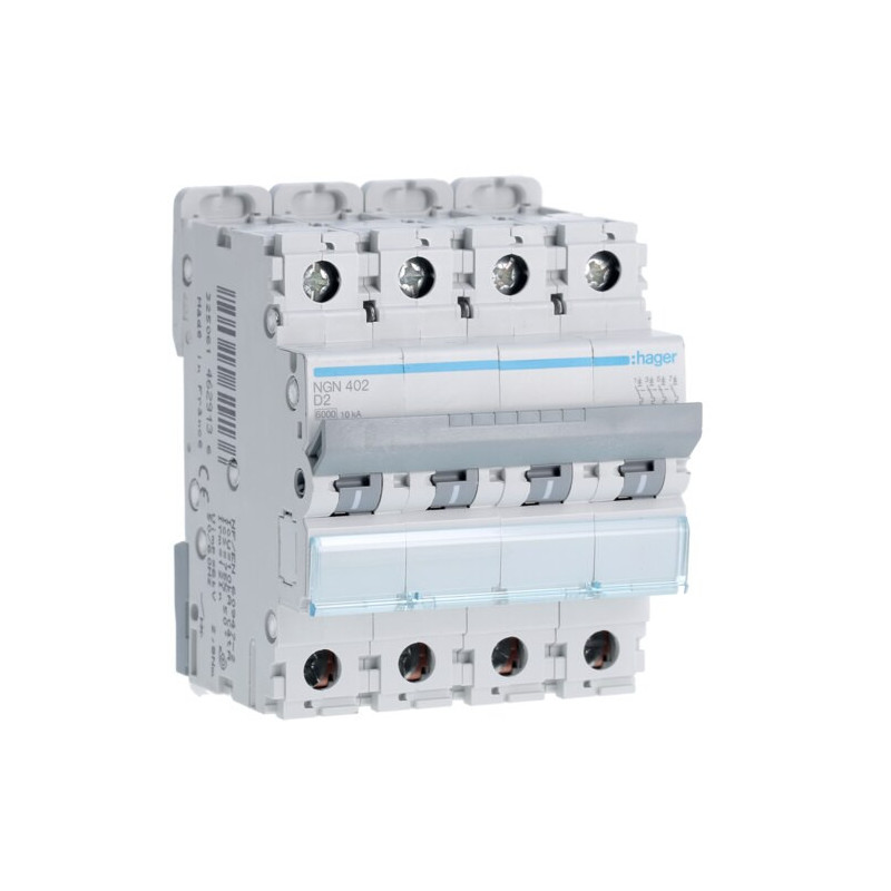 NGN402 Disjoncteur Hager 2A - 4P - 6-10kA - courbe D - NGN - Bornes alignées à vis - 4 modules