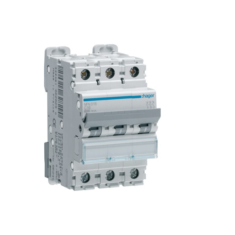 NFN316 Disjoncteur Hager 16A - 3P - 6-10kA - courbe C - NFN - Bornes alignées à vis - 3 modules