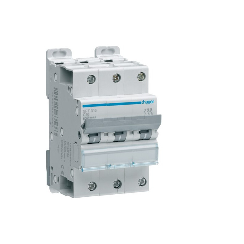 NFT316 Disjoncteur Hager 16A - 3P - 6-10kA - courbe C - NFT - Bornes décalées à vis - 3 modules