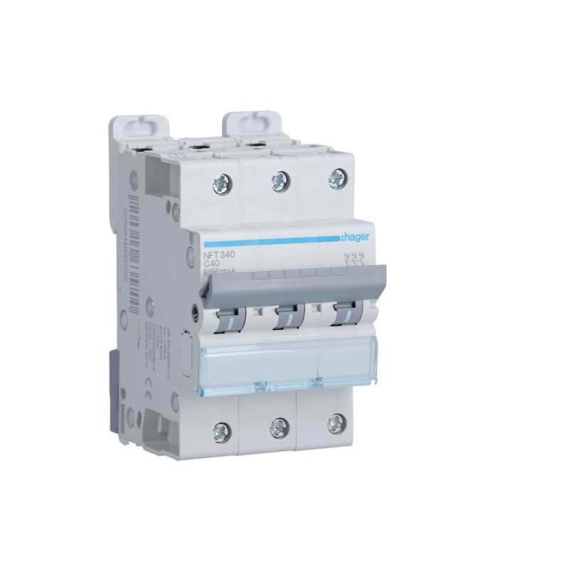NFT340 Disjoncteur Hager 40A - 3P - 6-10kA - courbe C - NFT - Bornes décalées à vis - 3 modules