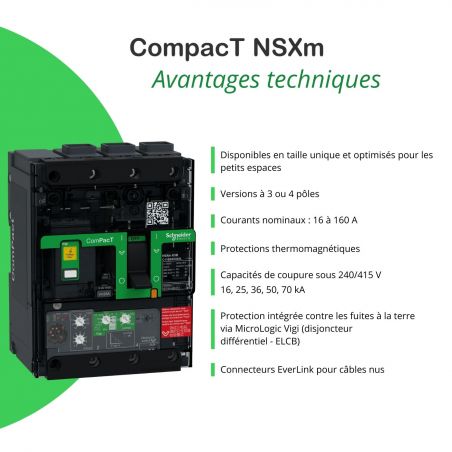 C11E34V100L Schneider ComPact NSXm - disjoncteur 100A MicroLogic Vigi 4.1 - 16kA - 3P 3d - bornes everlink