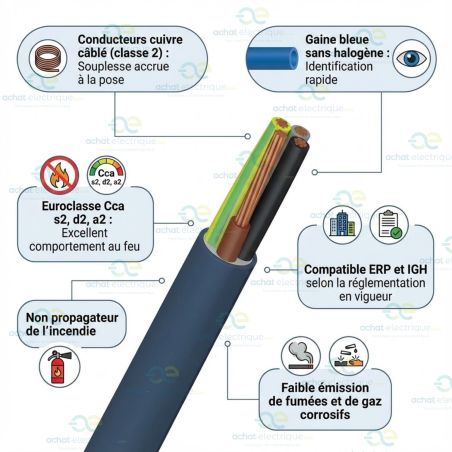 Câble électrique FR-N1X6G3-R 5G35 BLEU CCA S2 D2 A2 TGL coupe au mètre