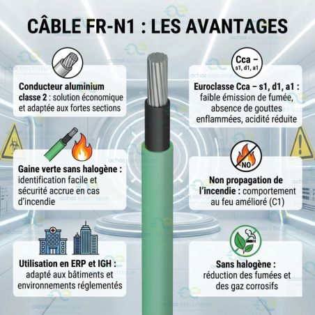 Câble électrique FR-N1X1G1-AR 1X150 ALU VERT CCA S1A D1 A1 TGL coupe au mètre