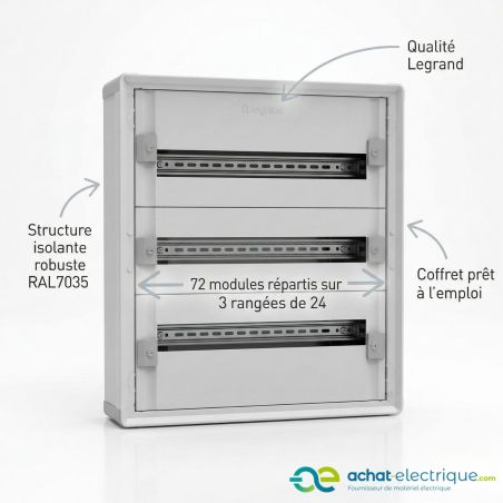 1CO3R24SPL Legrand - Tableau électrique tertiaire 72 modules - 3 rangées de 24 modules - XL3 HP 160