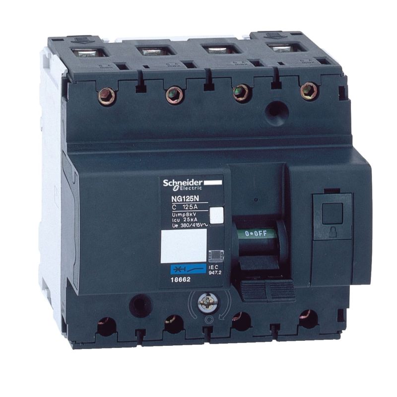 18662 Schneider - Acti9 Disjoncteur NG125Ntétrapolaire 125A - 4P - Courbe C 25kA - A vis