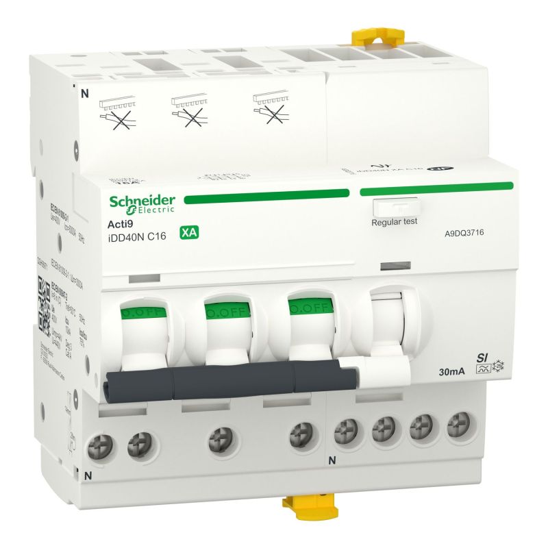 A9DQ3716 Schneider - Disjoncteur différentieltétrapolaire 3P+N - 10A - 30mA - Courbe C - Type A-Si- 10kA - Acti9 IDD40N XA