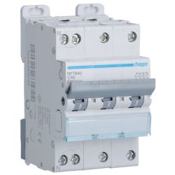 NFT840 Hager - Disjoncteur triphasé + neutre 40A - 6-10kA - courbe C - 3 modules - NFT - Bornes décalées à vis