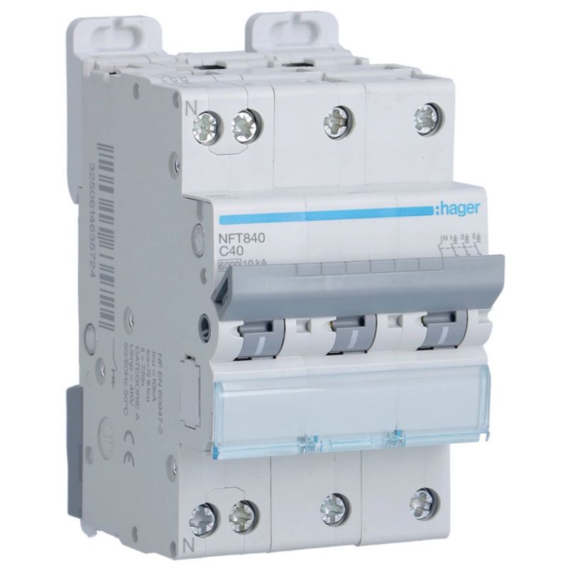 NFT840 Hager - Disjoncteur triphasé + neutre 40A - 6-10kA - courbe C - 3 modules - NFT - Bornes décalées à vis