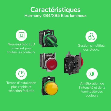 XB4BW33B5 Schneider - Harmony XB4 - poussoir lumineux LED complet vert - Ø22 - 24VACDC - 1NO+1NF