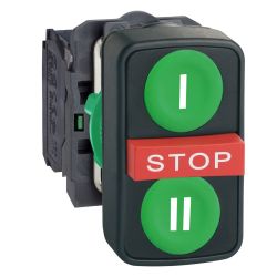 XB5AA731327 Schneider - Harmony XB5 - bouton 3 touches complet - vert/vert/rouge - 2NO+1NF