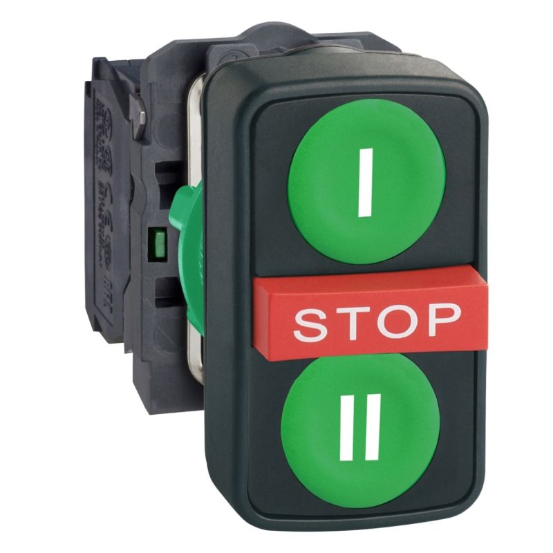 XB5AA731327 Schneider - Harmony XB5 - bouton 3 touches complet - vert/vert/rouge - 2NO+1NF