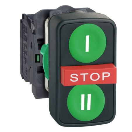 XB5AA731327 Schneider - Harmony XB5 - bouton 3 touches complet - vert/vert/rouge - 2NO+1NF