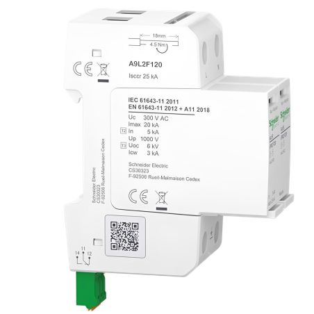 A9L2F120 Schneider - Acti9 IPRDF20r Parafoudre autoprotégé phase + neutre - type 2 + 3 - 20kA