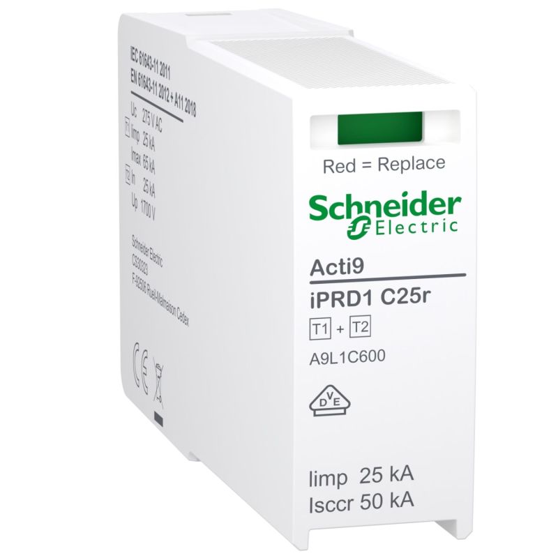 A9L1C600 Schneider - Acti9 IPRD1C25r - Cartouche Parafoudre neutre Type 1+2 1