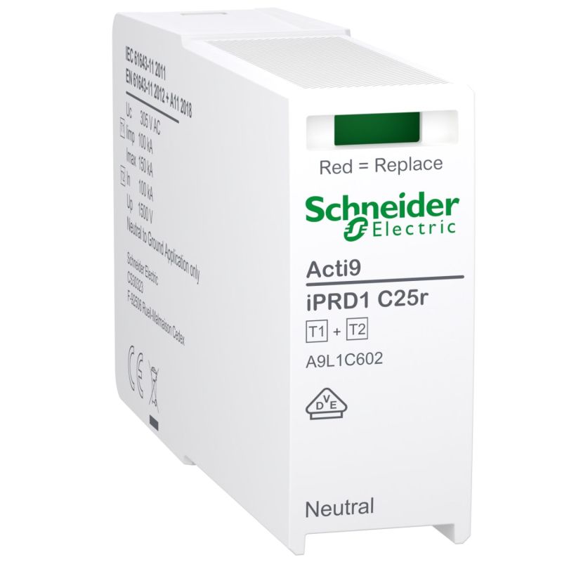 A9L1C602 Schneider - Acti9 IPRD1C25r - Cartouche Parafoudre neutre Type 1+2