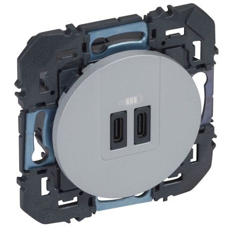 600445 Legrand - Dooxie Chargeur double USB Type-C 3A 15W - Aluminium