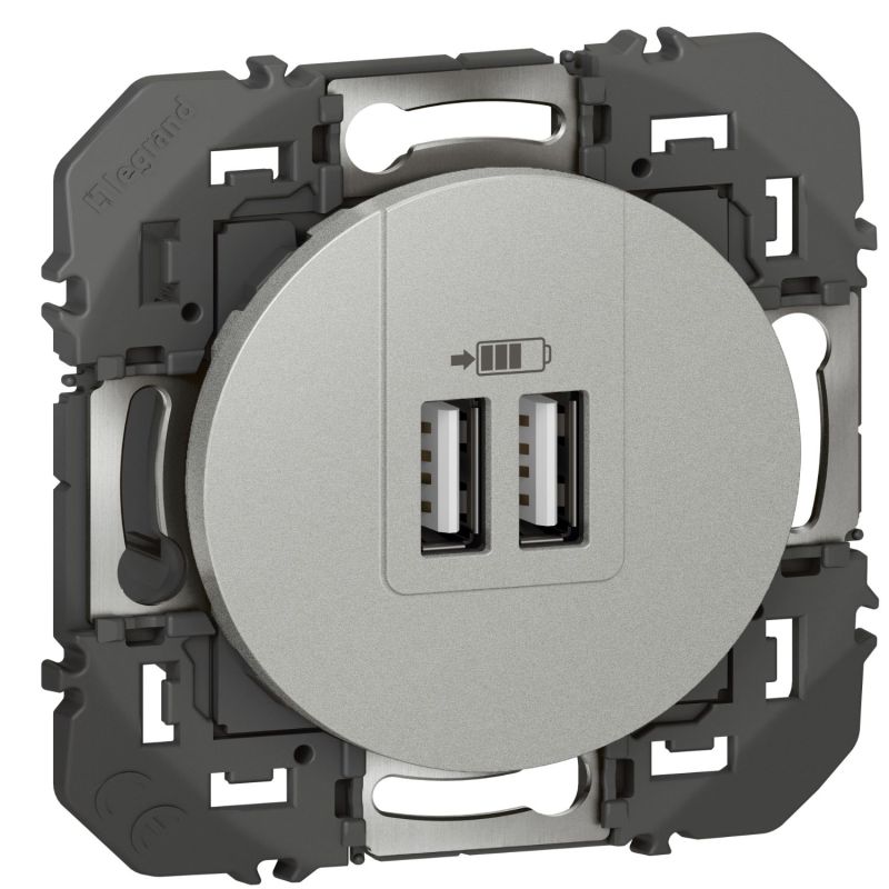 600443 Legrand - Dooxie Chargeur double USB Type-A 3A 15W - Aluminium