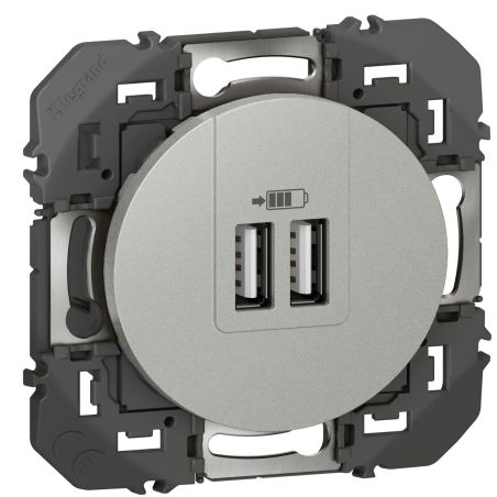 600443 Legrand - Dooxie Chargeur double USB Type-A 3A 15W - Aluminium