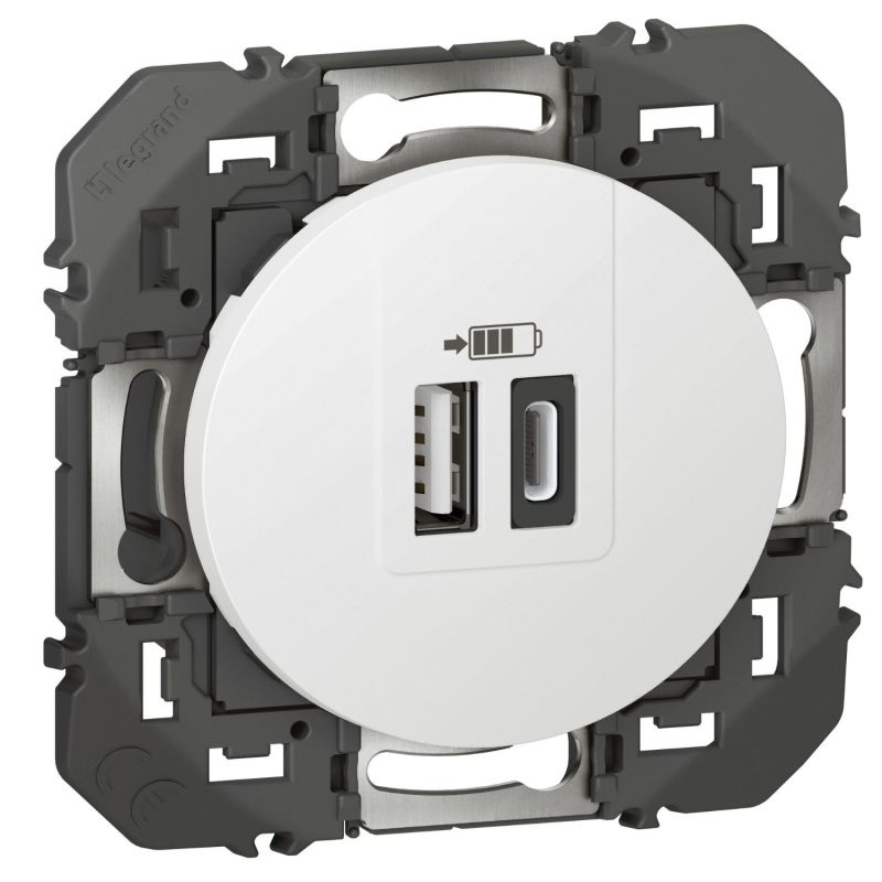 600349 Legrand - Dooxie Chargeur double USB Type-A + Type-C 3A - Blanc