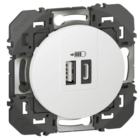 600349 Legrand - Dooxie Chargeur double USB Type-A + Type-C 3A - Blanc