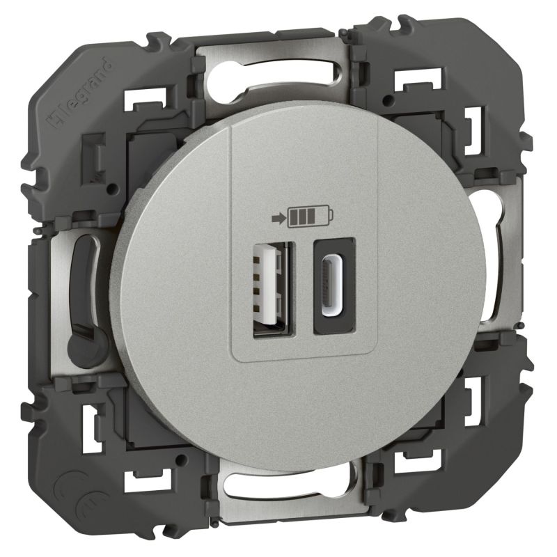 600449 Legrand - Dooxie Chargeur double USB Type-A + Type-C 3A - Aluminium