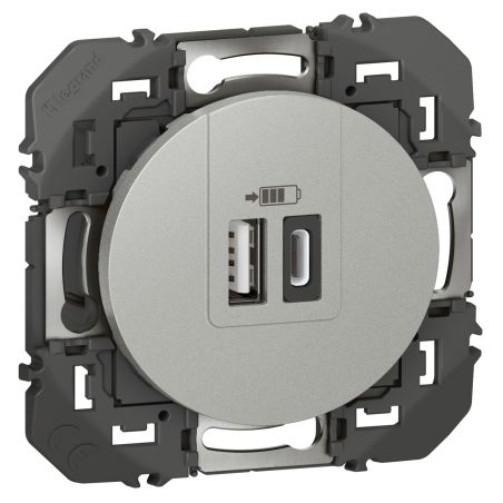 600449 Legrand - Dooxie Chargeur double USB Type-A + Type-C 3A - Aluminium