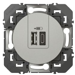 600449 Legrand - Dooxie Chargeur double USB Type-A + Type-C 3A - Aluminium