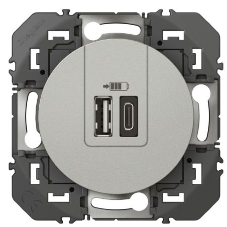 600449 Legrand - Dooxie Chargeur double USB Type-A + Type-C 3A - Aluminium