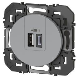 600449 Legrand - Dooxie Chargeur double USB Type-A + Type-C 3A - Aluminium