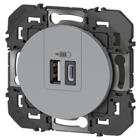 600449 Legrand - Dooxie Chargeur double USB Type-A + Type-C 3A - Aluminium