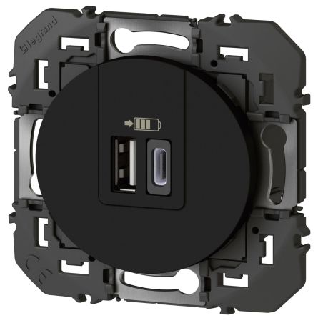 600549 Legrand - Dooxie Chargeur double USB Type-A + Type-C 3A - Noir