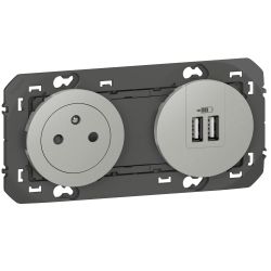 600442 Legrand - Dooxie Prise de courant 2P+T Surface 16A + 2 USB Type-A 3A précâblées - Aluminium