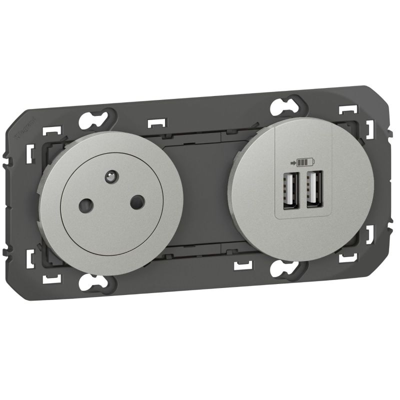 600442 Legrand - Dooxie Prise de courant 2P+T Surface 16A + 2 USB Type-A 3A précâblées - Aluminium
